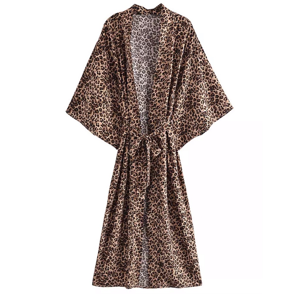 Brown Tan Leopard Animal Print Open Kimono Duster Coverup Wrap Robe Casual - Picture 1 of 8